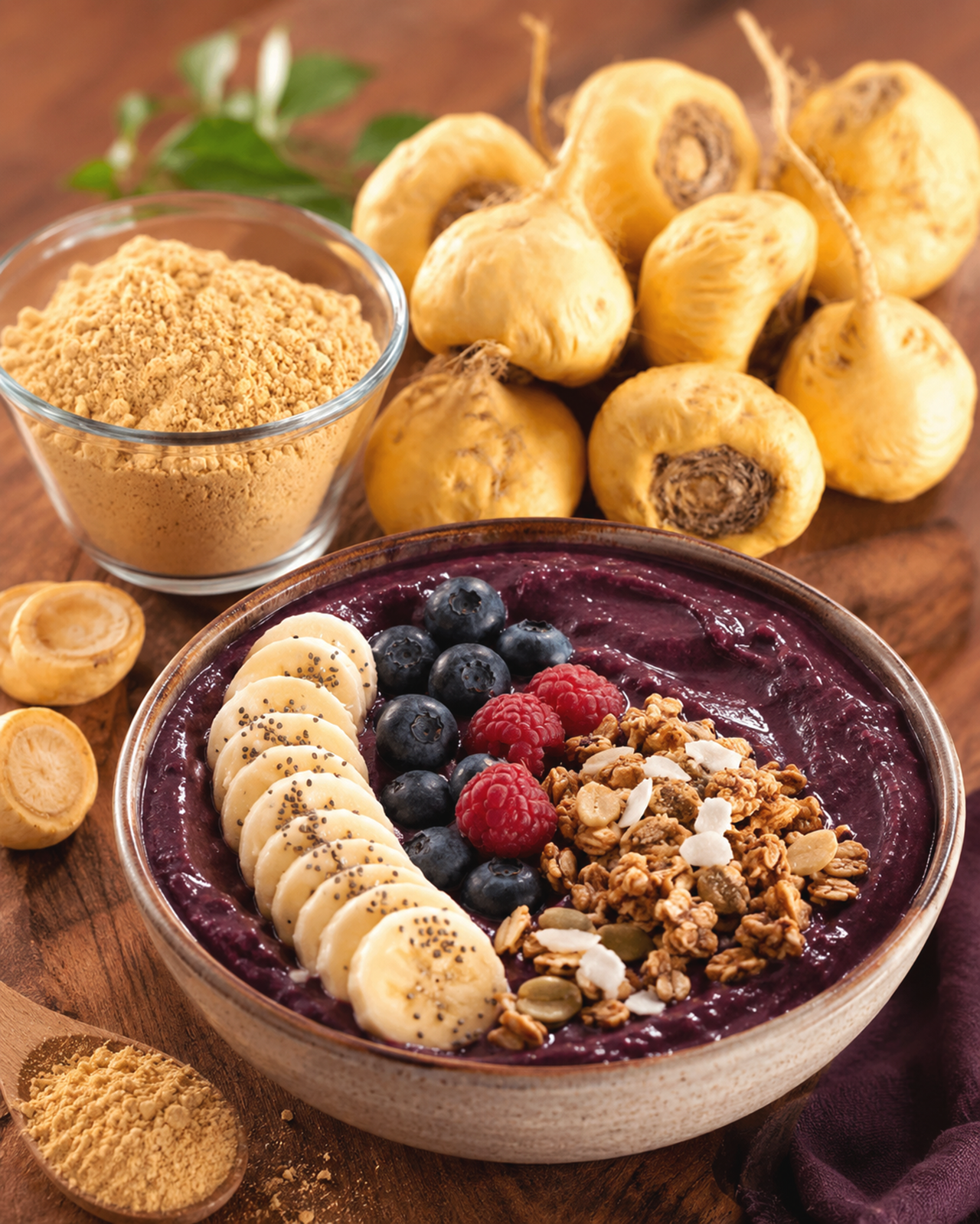 imagen de la raíz maca junto con un bowl de acai para Açaí y Maca: dos superalimentos que funcionan muy bien juntos para combinarlos en bowls, smoothies y recetas saludables