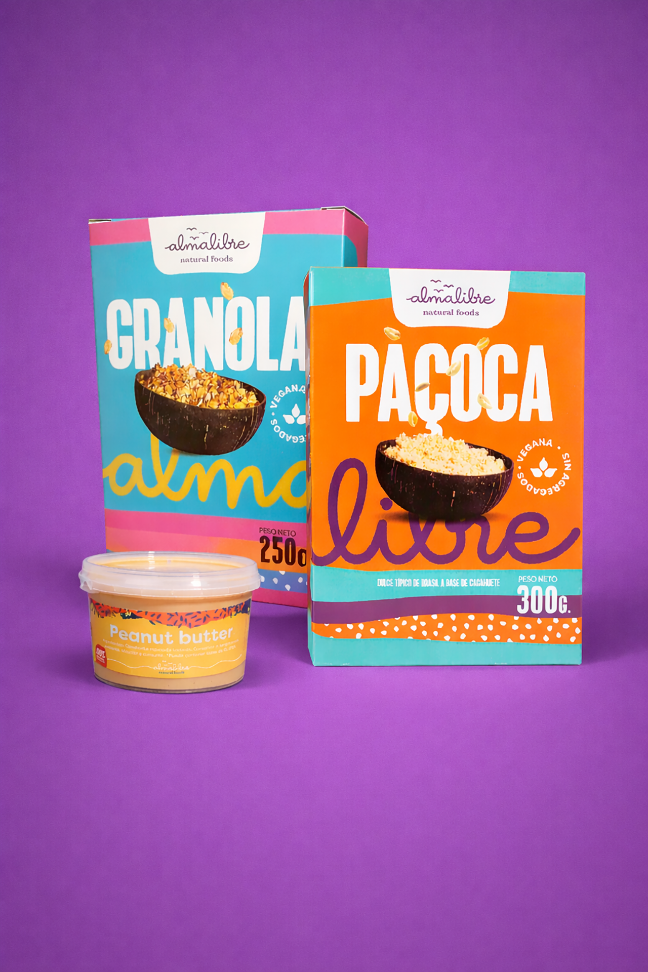 granola vegana almalibre, pacoca almalibre autentica de brasil, crema de cacahuete, toppings para bol de acai almalibre