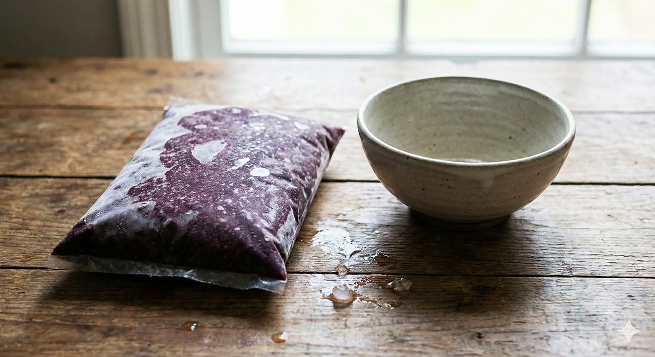 pulpa de acai congelada en una mesa junto a un tazón, pulpa de açaí almalibre pulpa de acai congelada en una mesa junto a un tazón, pulpa de açaí almalibre