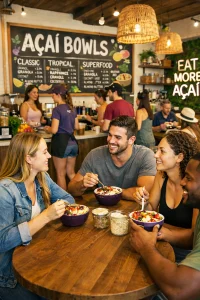grupo de personas disfrutando de una acai bowl para ¿Cómo montar tu propio negocio de açaí bowls?