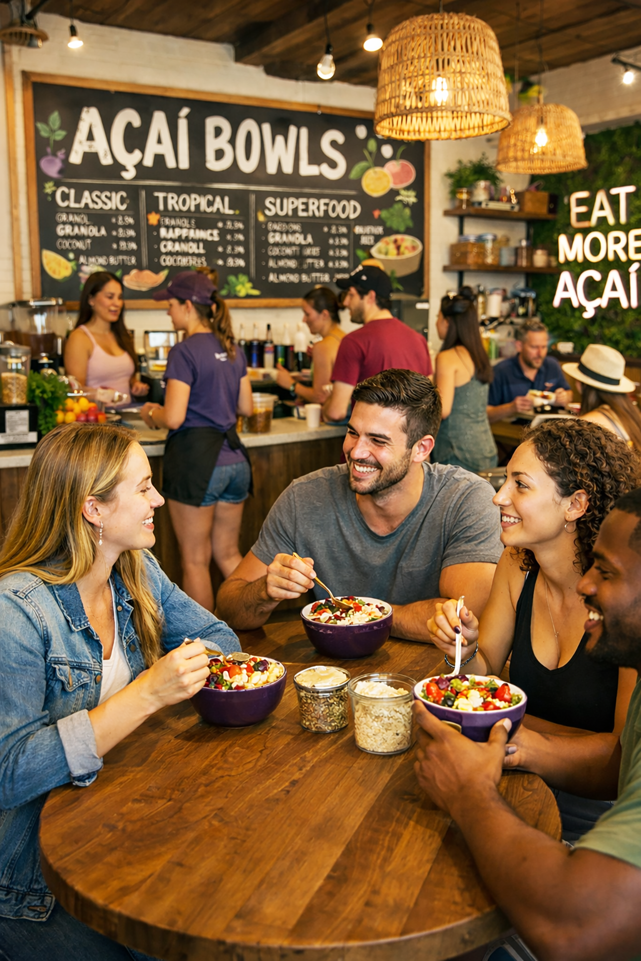 grupo de personas disfrutando de una acai bowl para ¿Cómo montar tu propio negocio de açaí bowls?